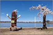  ?? NATHAN ELLGREN — THE ASSOCIATED PRESS ?? Stumpy the mascot dances near Stumpy the cherry tree at the tidal basin in Washington, D.C., on Tuesday.