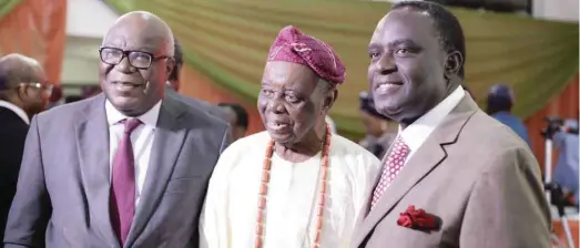  ??  ?? L-R: Former Vice Chancellor University of Lagos, Prof. Oyewusi Ibidapo-Obe, the celebrant, Engr Iyiola Omisore, and former Executive Secretary, National Universiti­es Commission, Prof. Peter Okebukola, at the symposium