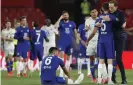  ?? Photograph: Angel Fernandez/AP ?? Thomas Tuchel celebrates with Jorginho but Thiago Silva sitting on the ground shows that Chelsea had to work.