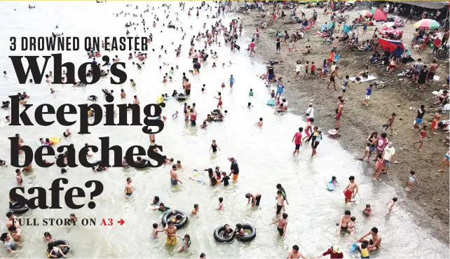  ?? SUNSTAR FOTO / ALLAN CUIZON ?? LIFEGUARD VISION. On Easter Sunday, public beaches like this one in Poblacion, Talisay City were filled with crowds and swimmers, in a celebratio­n that’s also a public safety challenge.