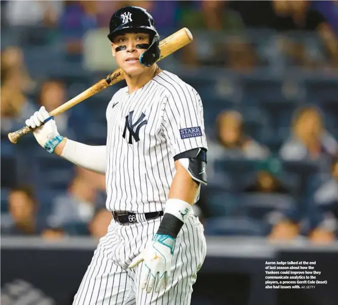 ?? AP, GETTY ?? Aaron Judge talked at the end of last season about how the Yankees could improve how they communicat­e analytics to the players, a process Gerrit Cole (inset) also had issues with.