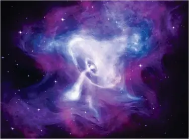  ?? X-RAY: NASA/CXC/SAO; OPTICAL: NASA/STSCI; INFRARED: NASA-JPL-CALTECH ?? Light from the supernova that created the Crab Nebula first reached Earth in A.D. 1054. Today, astronomer­s know that at its heart sits a pulsar spewing jets of matter and antimatter from its north and south poles.