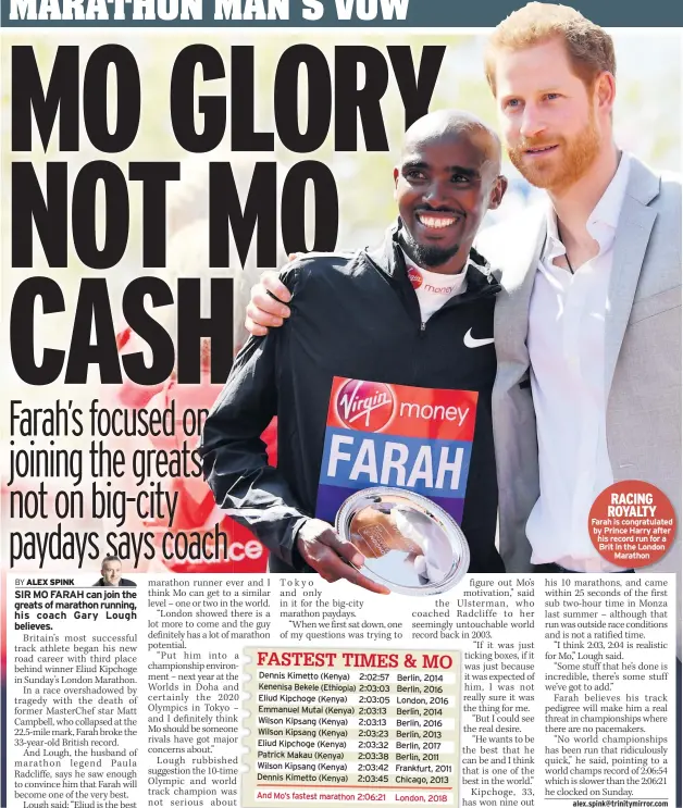  ??  ?? RACING ROYALTY Farah is congratula­ted by Prince Harry after his record run for a Brit in the London Marathon