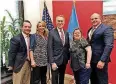  ?? [PHOTOS PROVIDED] ?? Down Syndrome Associatio­n of Central Oklahoma members Josh Harlow, from left, and Fara Taylor, pose with U.S. Sen. James Lankford, R-Oklahoma City, along with fellow members Heather Hancock-Blackburn and Mike Klehm, during a recent visit to Washington,...