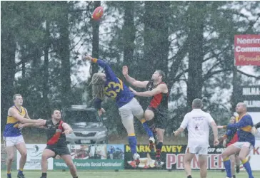  ??  ?? Ellinbank’s Chris Gardiner stretches to win the tap opposed against Chris Cameron in the Reserves match; Photograph­s: Michael Robinson.