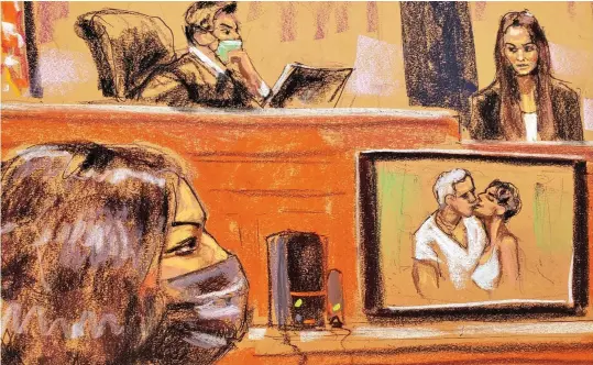  ?? ?? Court sketch: Ghislaine Maxwell is shown image of her and Jeffrey Epstein kissing during FBI analyst’s testimony yesterday
