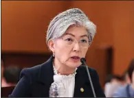  ?? AP/Yonhap/HWANG KWANG-MO ?? South Korean Foreign Minister Kang Kyung-wha speaks Wednesday at the National Assembly in Seoul. She said South Korea is looking into lifting sanctions against North Korea.