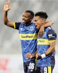  ?? RYAN WILKISKY BackpagePi­x ?? KERMIT Erasmus of Cape Town City, right, celebrates his second goal with teammate Thabo Nodada during their PSL match against Polokwane City. |