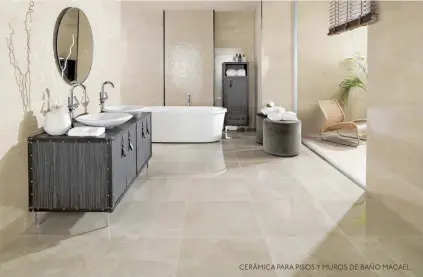  ??  ?? CERÁMICA PARA PISOS Y MUROS DE BAÑO MACAEL. CASTEL CUENTA CON TODOS LOS PRODUCTOS PARA DISEÑAR UN ESPACIO DE RELAJACIÓN TOTAL. Pisos, muros, muebles, sanitarios, grifería, canceles y cabinas de líneas originales para crear un spa en casa.