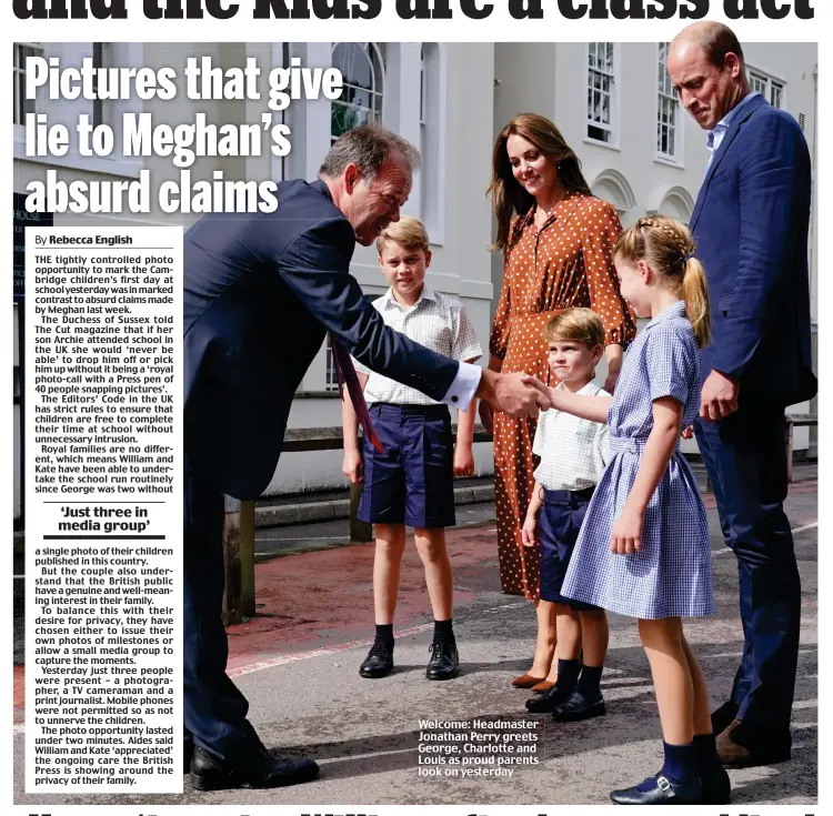  ?? ?? Welcome: Headmaster Jonathan Perry greets George, Charlotte and Louis as proud parents look on yesterday