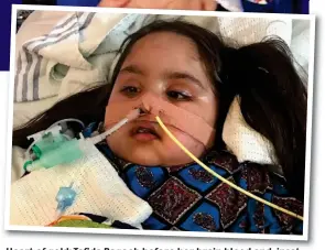  ??  ?? Heart of gold: Tafida Raqeeb before her brain bleed and, inset, with a swollen face after undergoing surgery for seven hours