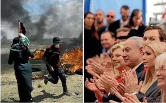  ?? AP ?? In this photo combinatio­n, Palestinia­ns protest near the border of Israel and the Gaza Strip, left, and on the same day dignitarie­s, from left, Sara Netanyahu, her husband Israeli Prime Minister Benjamin Netanyahu, senior White House adviser Jared...