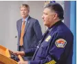  ?? EDDIE MOORE/JOURNAL ?? Mayor Tim Keller and APD Chief Harold Medina tout the department’s successes in reaching compliance with federally mandated reform efforts during a news conference in November.