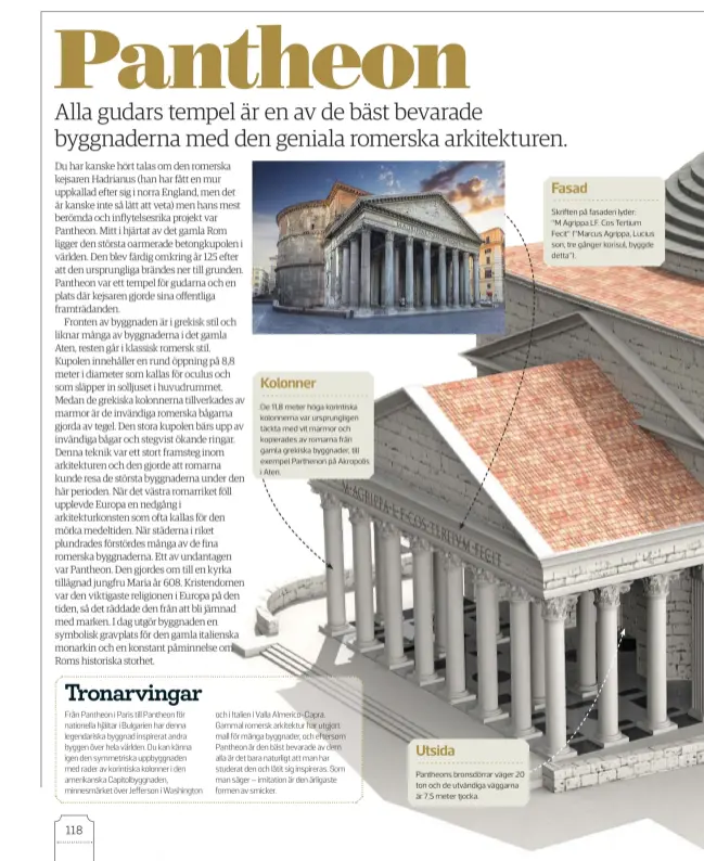  ??  ?? KolonnerDe 11,8 meter höga korintiska kolonnerna var ursprungli­gen täckta med vit marmor och kopierades av romarna från gamla grekiska byggnader, till exempel Parthenon på Akropolis i Aten. Fasad Skriften på fasaden lyder: ”M Agrippa LF. Cos Tertium Fecit” (”Marcus Agrippa, Lucius son, tre gånger konsul, byggde detta”). Utsida Pantheons bronsdörra­r väger 20 ton och de utvändiga väggarna är 7,5 meter tjocka.