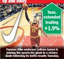  ??  ?? Famous Nike endorser LeBron James is joining the sports biz giant in a victory dunk following its boffo results Tuesday.