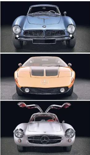  ?? FOTOS: OLIVER SOLD, MERCEDES-BENZ CLASSIC ?? Von oben nach unten: BMW 507 Vorserien Prototyp (1955), Mercedes-Benz C111 Typ II (1970) und Mercedes-Benz 300 SL Coupé (1955).