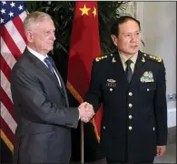  ?? AP/ROBERT BURNS ?? Defense Secretary James Mattis meets Thursday in Singapore with Chinese Defense Minister Wei Fenghe.