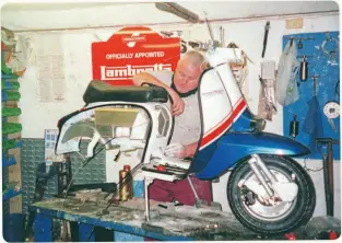  ??  ?? Eric inside his workshop at ESP scooters doing what he loved most, restoring Lambrettas.