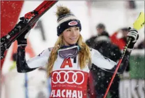  ?? GIOVANNI AULETTA - THE ASSOCIATED PRESS ?? United States’ Mikaela Shiffrin celebrates her second place after completing an alpine ski, women’s World Cup slalom in Flachau, Austria, Tuesday, Jan. 8, 2019.