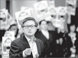  ??  ?? STATE Treasurer John Chiang, who is running for governor, speaks to the environmen­tal caucus during the Democrats’ convention Saturday in San Diego.