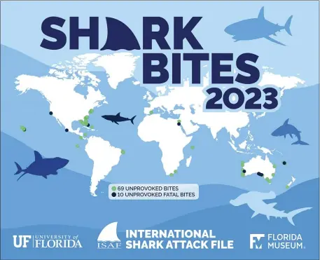  ?? UNIVERSITY OF FLORIDA’S INTERNATIO­NAL SHARK ATTACK FILE MAP ?? The Northeast had five reported shark bites last year. Florida had more shark bites than any other state.