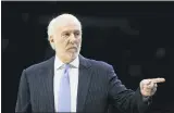  ?? MATT SLOCUM — THE ASSOCIATED PRESS ?? Spurs coach Gregg Popovich points to his bench during a game against the Sixers in November at the Wells Fargo Center.