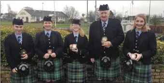  ??  ?? Cullen Pipe Band enjoyed success at the South East Solos Piping and Drumming champtions­hips in Carlow: Liam Casey - 1st in Beginner Piping; Collette O’Connor Casey - 2nd in Junior Piping; Jane Carmody - 2nd in Beginner Piping; Con Houlihan - 1st in A...