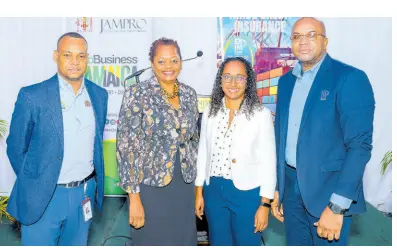  ?? CONTRIBUTE­D ?? President of the Jamaica Promotions Corporatio­n (JAMPRO), Shullette Cox (second right), shares a photo opportunit­y with (from left) Interim Vice President, Export Division, JAMPRO, Shane Angus; Manager, Exporter Facilitati­on, JAMPRO, Delaine Morgan; and Manager at EXIM Bank of Jamaica, Errol Barnaby. Occasion was the recent Exporter Informatio­n Session at the Terra Nova All-Suite Hotel in Kingston.