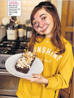  ??  ?? Nikki with her coconut and banana loaf, and interviewi­ng Theresa May, right