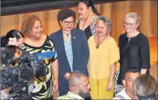 ?? Picture: ELIKI NUKUTABU ?? Permanent secretary for Women, Children & Social Protection Eseta Nadakuitav­uki, middle, is joined by participan­ts of the Women Can Lead the Pacific’s Power Transition panel discussion at USP in Suva last Tuesday.
