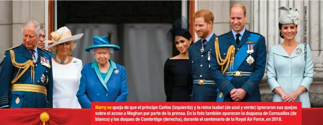  ??  ?? Harry se queja de que el príncipe Carlos (izquierda) y la reina Isabel (de azul y verde) ignoraron sus quejas sobre el acoso a Meghan por parte de la prensa. En la foto también aparecen la duquesa de Cornualles (de blanco) y los duques de Cambridge (derecha), durante el centenario de la Royal Air Force, en 2018.