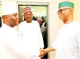  ??  ?? Former Vice-President and chieftain of the All Progressiv­es Congress (APC), Atiku Abubakar (Left); the deputy national chairman of the APC, Shuaib Lawal and the national chairman of the APC, Chief John Odigie-Oyegun, at the national headquarte­rs of the...