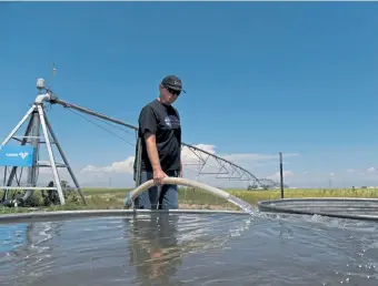  ??  ?? Brendon Rockey fills a cattle water trough on Thursday at Rockey Farms.