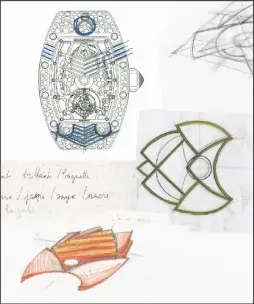  ??  ?? every richard Mille design begins with Hand-drawn sketches. guenat’s (above left) were informed by Her love of sci-fi films, art deco architectu­re and ancient folk art, displayed on THE Moodboards pinned To Her studio walls (Top right). each of THE Ten Talisman designs is individual­ly decorated in variations of gold, diamonds, Mother of pearl, onyx and black sapphires (above right)