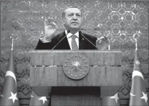  ?? AP/YASIN BULBUL ?? Turkish President Recep Tayyip Erdogan on Wednesday in Ankara criticized the U.N. on its aid to refugees fleeing violence, saying “We have taken 3 million Syrians and Iraqis into our home until now. How many did you take?”