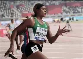  ?? ASSOCIATED PRESS FILE PHOTO ?? Blessing Okagbare, of Nigeria races in a women’s 200meter heat at the World Athletics Championsh­ips in Doha, Qatar, Sept. 30, 2019.