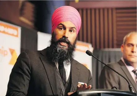  ?? POSTMEDIA ?? NDP leadership candidate Jagmeet Singh says Canada needs to commit to the UN Declaratio­n on the Rights of Indigenous People and that means saying no to Kinder Morgan and Energy East.