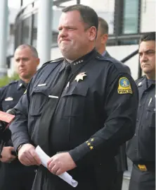  ??  ?? San Bruno Police Chief Ed Barberini briefs reporters on the shooting at YouTube offices during a news conference.