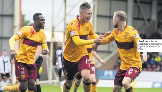  ??  ?? Goal hero James Scott opens the scoring against St Mirren at Fir Park