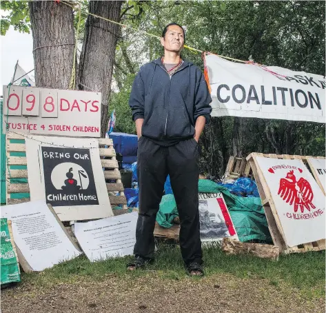  ?? BRANDON HARDER ?? Prescott Demas says that the protest camp in front of the Saskatchew­an Legislativ­e Building is a ‘step in healing.’