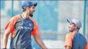  ??  ?? India’s Ishant in conversati­on with Rayudu during a training session on the eve of second ODI against WI in Visakhapat­nam on Tuesday