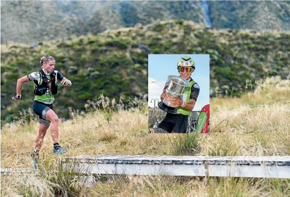  ?? GETTY IMAGES ?? Simone Maier during the mountain running stage of the women’s longest day race in the Coast to Coast and then, inset, celebratin­g victory.