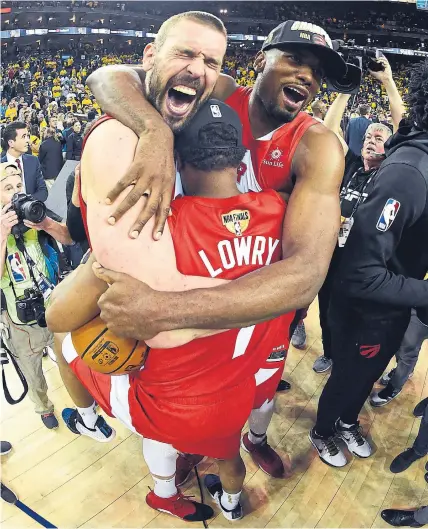  ?? ANDREW D. BERNSTEIN NBAE/GETTY IMAGES ?? The trade-deadline acquisitio­n Marc Gasol, left, created challenges last season for Serge Ibaka, right, but they became champions.
