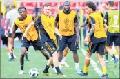  ??  ?? From L: Belgium’s defenders Dedryck Boyata, Thomas Vermaelen, forward Lukaku and midfielder Axel Witsel during a training session.