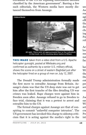  ?? ?? THIS IMAGE taken from a video shot from a U.S. Apache helicopter gunsight, posted at Wikileaks.org and confirmed as authentic by a senior U.S. military official, shows the scene on a street of eastern Baghdad just after the helicopter fired on a group of men on July 12, 2007.