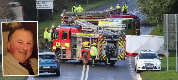  ??  ?? The scene of the fatal accident on the N30 at Ballymacke­ssy between Clonroche and Enniscorth­y last Friday which claimed the life of Mick Kehoe (inset).