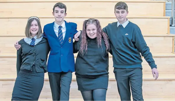  ??  ?? Brechin High pupils, from left, Rachel Talbot, Thomas Jordan, Ava Croll and Robbie Burke launched the Think B4 You Type anti-bullying initiative earlier this month.