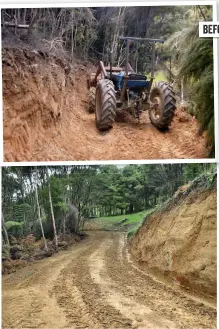  ??  ?? Clockwise from top left: The original track was formed with our little old tractor and its front-end loader bucket, all done in emergency-speed hurry to rescue steer 356 in 2004; cattle coming around the first corner in 2005; the upgrading, February...