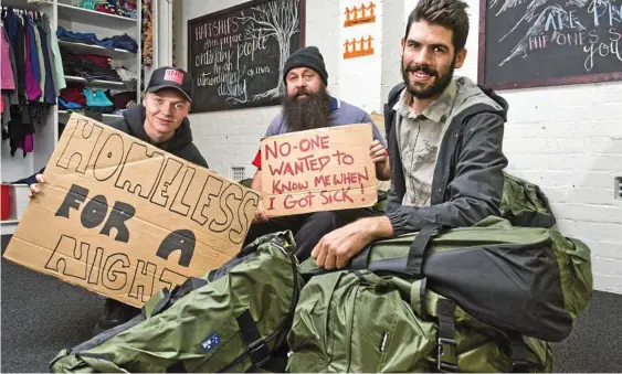  ?? Photo: Nev Madsen ?? WITH HEART: Getting ready for the Base Services Homeless for a Night sleep-out are (from left) Bryce Smit, Nat Spary and Jackson Adams.