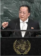  ?? PHOTO AFP ?? L’allocution du chef de la diplomatie nord-coréenne, Ri Yong-ho hier à l’ONU.